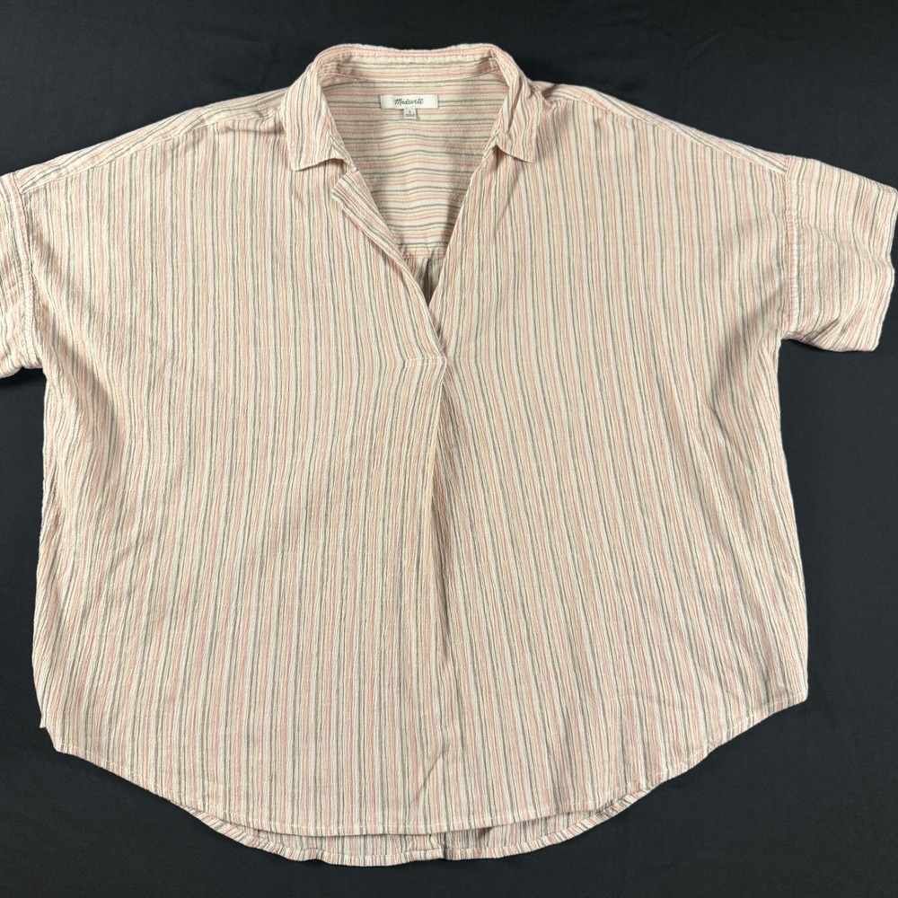 Madewell Tiger Lily Boxy Stripe Short Sleeve Seersucker Button Down Shirt Pink L